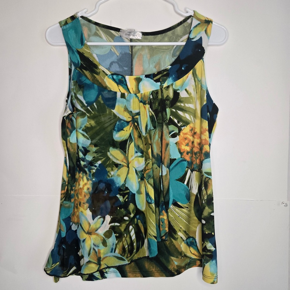 Dressbarn Petite PL Tropical Floral Pineapple Sleeveless Draped Ruffle Top